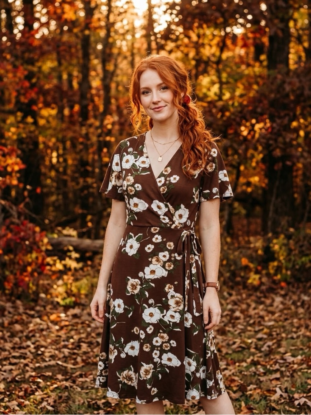 Floral Brown Midi Dress with Tie Waist
